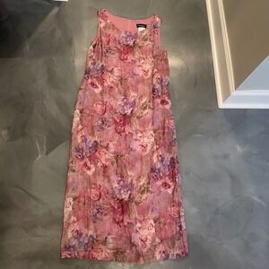 Miss Dorby VTG Pink Floral Crinkle Maxi Dress Sleeveless Sz 14 Garden Cottage